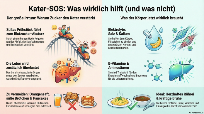 4 überraschende Wahrheiten über deinen Kater (und warum dein Katerfrühstück alles schlimmer macht) Vergiss Rollmops und süße Croissants: Die Wissenschaft hat längst herausgefunden, welche Nährstoffe deinen Kater tatsächlich lindern. Wir verraten das perfekte Katerfrühstück – mit einem Rezept, das in 10 Minuten auf dem Tisch steht.