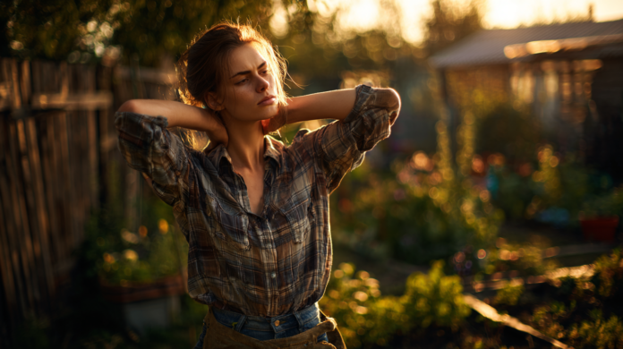 Junge Frau mit steifem Nacken nach Gartenarbeit