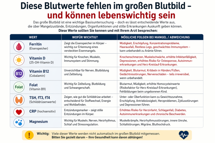 Diese Blutwerte fehlen im großen Blutbild – und können lebenswichtig sein Diese Blutwerte fehlen im großen Blutbild – und können lebenswichtig sein